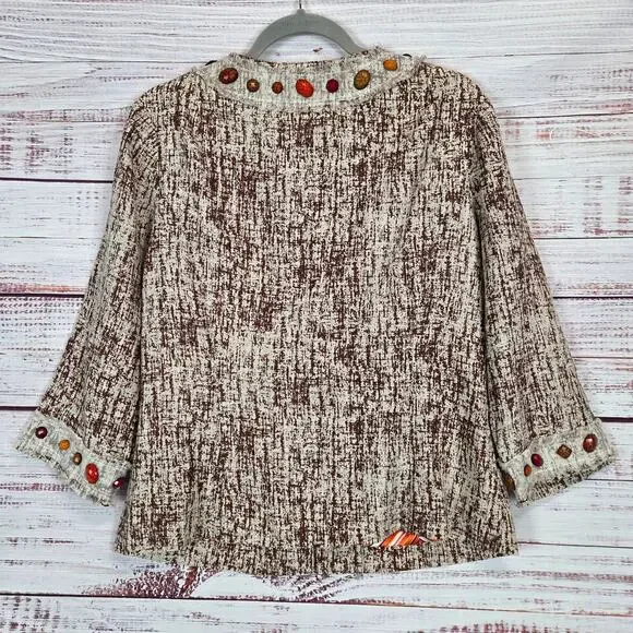 Just B Linen Fringe Blazer L Bohemian Jewel Beaded Mesh Lace Snap Closure Jacket - Picture 2 of 11